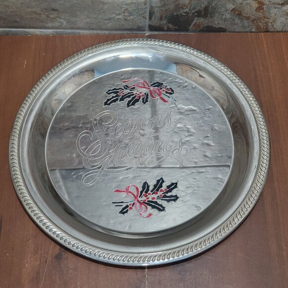 International Silver Plated Seasons Greetings Metal Serving Platter Holly Berrie - Picture 14 of 14